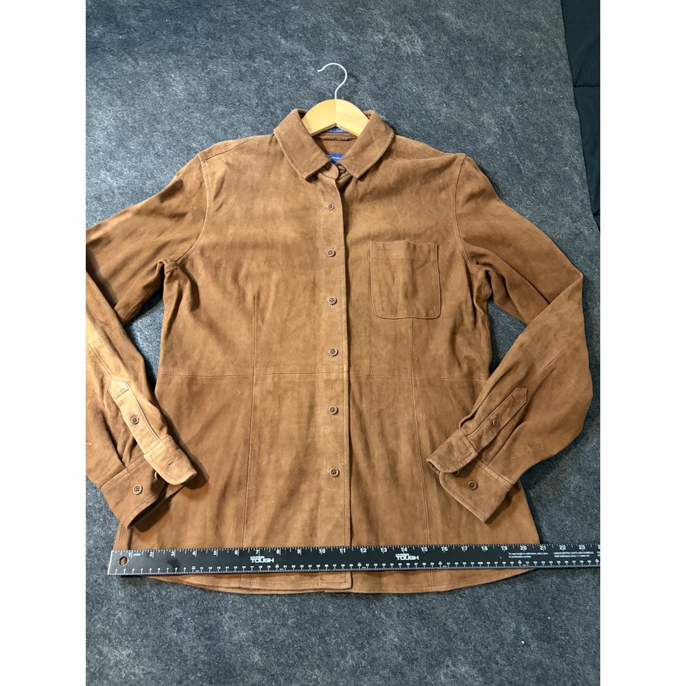 Womens Brown Suede Leather Button Front Shirt Jacket Long Sleeve Size M - Picture 7 of 16